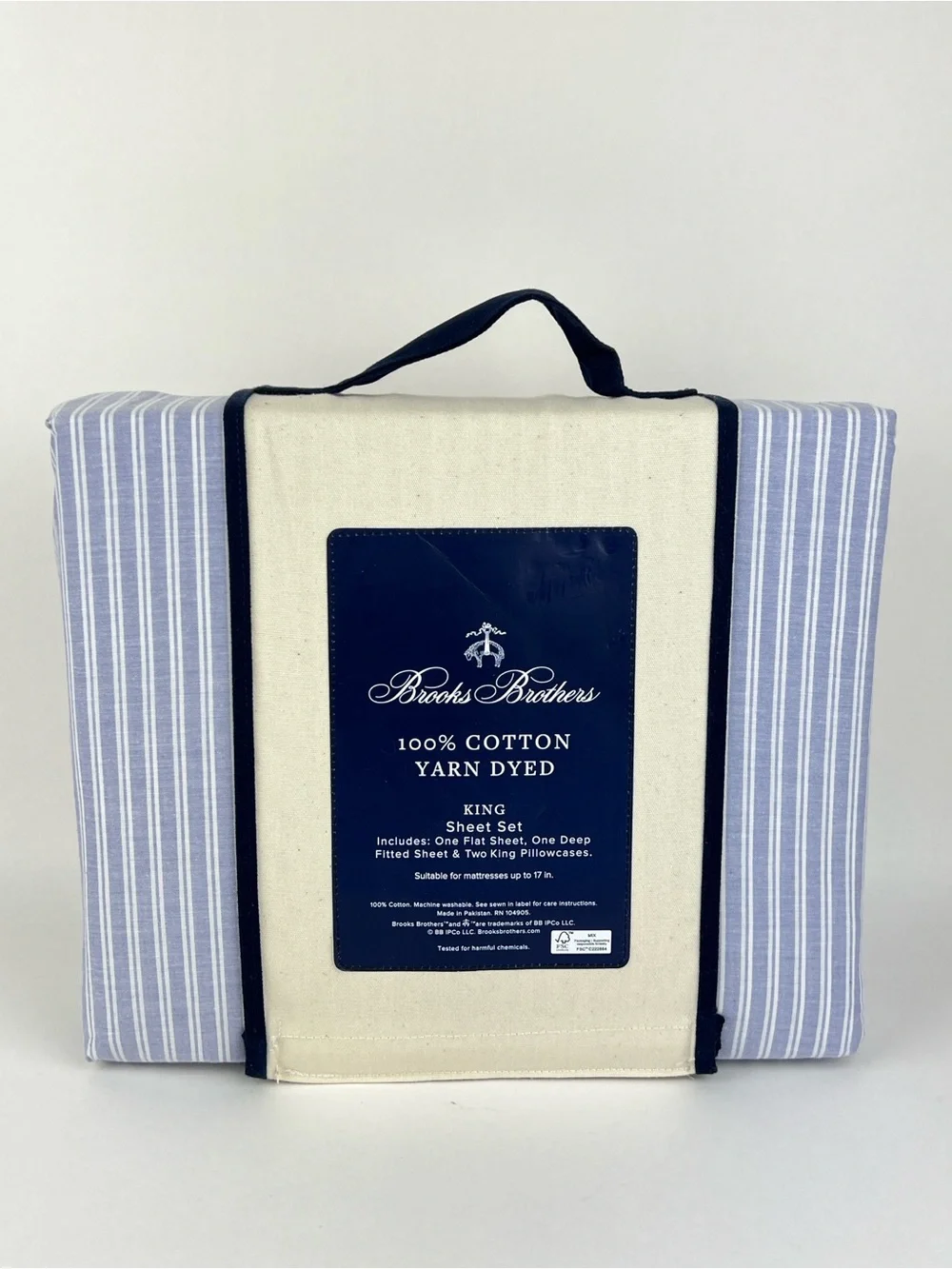 Brooks Brothers King Sheet Set Blue White Striped Cotton Yarn Dyed 4 Pc Set NEW